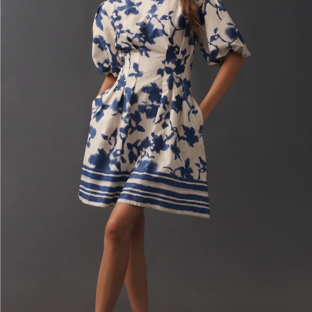 Anthropologie Blue and White Floral Puff-Sleeve Mini Dress
